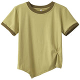 Zingj Female 2024 New Summer Design Sense Contrast Color T-Shirt Fashion Chic Irregular Short Student