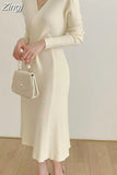 Solid V-Neck Sweater Knitted Midi Dress for Women Clothing Evening Vintage Bodycon Dresses Elegant Thick Warm Winter