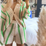 Women Knitted Cardigan with Striped Pattern Button Decoration Loose Version Street Style Spring Autumn Sweater