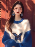 Early Autumn New Sweater Small Korean Languid Wind Hit Klein Blue Butterfly Print Knitting