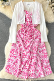 Women Two Piece Set Beach Vacation Long Sleeve Cardigans + Floral Spaghetti Strap Midi Dress Female Suit New