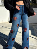 Personality 2025 Autumn New Fashion Niche Design Hollow Love Straight Jeans Female