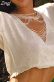 Summer Beach Knitted 2 Piece Women Suits Hollow Out Tassels Long Sleeve T-shirts Exposed Navel Tops Split Skirts