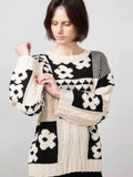 And Winter Sweater Women's Square Flowers Casual Loose Round Collar Knitted