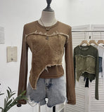 Feel Niche Cowboy Splicing Long-Sleeved Mesh T-Shirt Girl Summer Round Collar Dress Short Top