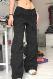 Retro Fashion Y2K Straight Cargo Pants Low Rise Jeans Streetwear Belt Pockets Denim Trousers Fairycore Female