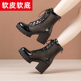 Leather Net Gauze Martin Boots Summer 2023 New Waterproof Table Large Size Round Head High Heels With Lace-Up