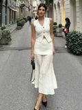 Women's 2025 Summer New V-Neck Gold Button Knitted Vest + Folding Skirt