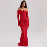 Shoulder Horn Sleeve Long Bag Hip Dress Gentle Elegant Temperament Boobs Waist Tugtail