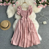 Zingj Vacation Wind French Retro Square Collar Waist Dress Female Summer Design Sense Bubble Short Sleeve Fairy