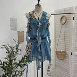 Neck Lotus Leaf Side Ribbon Print Between The Draw Folded Lace With Bareback Bow Dress