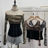 Real Shot Of The Hottie Shoulder Mesh Hot Diamond To Receive The Belt Strap Horn Long Sleeve Top Short T-Shirt