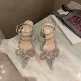 New Fashion Pointy Bow Water Drill High Heels Silk Stumbling Buckle Fine Women Sandals