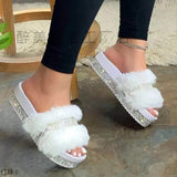 Thick Bottom Water Drill Fur Slippers Women's Autumn New Flat Bottom One-Word Drag Large Size Women's