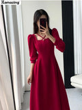 New Women Vintage Elegant Party Midi Red Dress Lady Birthday Party A Line Fashion Robe Female Clothing