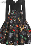 Women Dress Long Sleeve Elegant Vinatge Christmas Party Sundress Winter V Neck New Year Costume Clothing