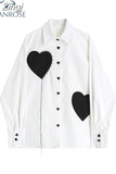Heart Print Shirts Vintage Polo-Neck Long Sleeve Single Breasted Oversized Streetwear Loose Y2K Gothic Female