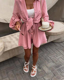 Summer Women's Long-Sleeved Tops Lotus Side Shorts Casual Fashion Suit
