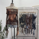 Shot Shoulder Strap Tie Dyed Net Shawl Shirt T-Shirt T-Shirt T-Shirt Design Folded Long-Sleeved T-Shirt