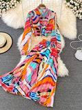 Women Printed Chiffon Two Piece Set Female Turn-Down Collar Single Breasted Blouse + High Waist Pleated Skirt Suit