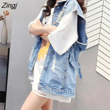 Waistcoats Women Denim Hole Vintage Frayed Solid Womens Chic Hip Hop Streetwear Outwear Trendy Ulzzang Retro Korean