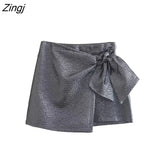 New Women High Street Bow Decoration Texture Purple Shorts Skirts Lady Zipper Fly Hot Shorts Chic Pantalone Cortos