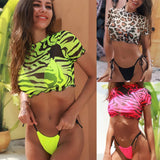 Zingj 2023 Hot Style Print Split Swimsuit Sexy Half Sleeve Three-Piece Bikini Leopard Print Hot Selling