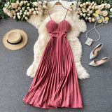 Sexy Spaghetti Strap Dress Women Elegant Hollow Out High Waist Pleated Vestidos Female Party Robe New