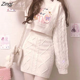 Piece Set Sweet Lolita Style Skirt Sets O-Neck Full Sleeve Casual Crop Tops Kawaii Embroidery Sweaters +Mini Knitted