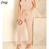 Women's One Piece Suit Long Pants V-neck Flying Sleeve Pleated Jumpsuit With Belt Summer Casual Romper Loungewear Sexy
