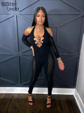 Sheer Diamonds Sexy Hollow Jumpsuits Women Long Sleeve Off Shoulder Skinny Workout Female Midnight Party