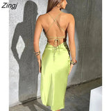 Sexy Backless Bandage Slip Lady Slim Shirring Bodycon Solid Asymmetrical Midi Skirt Spring Summer 2023 Fashion