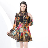 Niche Collar Single Buckle Waist Lantern Sleeve Print Pressure Folding Leaves Side Thin Chiffon