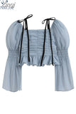 Long Sleeve Draped Design Blue Blouses Or Crop Tops Women Slim Sexy Chiffon Party Club Bar Boydcon Blusas 2023 Summer