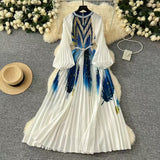 Elegant Dress Women Fashion Nail Ball Collar Hollow Pressure Folding Lantern Sleeves To Print Long