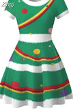 Dress Women Casual Elegant Print Red Xmas Party Dress Vintage Retro O-neck Short Sleeve A-Line Vestidos Robe