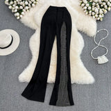 Women Diamond Patchwork Pants Vintage High Waist Wide Leg Trouser Elegant Pink/Blue/Red Casual Pant New Fashion