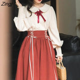 Winter Vintage Two Piece Set Women Lace Patchwork Elegant Party Skirt Suits Female Sweet Bow Ribbon Designer Korean Y2k