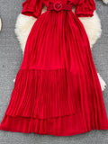 Vintage Women Irregular Pleated Dress Elegant V-Neck Ruffle Short Puff Sleeve High Waist Draped Midi Robe With Belt