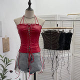 Babes Hollow Strapped Braped Pu Skin Top Female Tight Sexy Short Hanging Neck Vest
