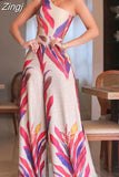 Printed Loose Wide Leg Pants Loose Jumpsuit Summer Women's Diagonal Shoulder Jumpsuits Overalls High Waist Office