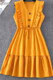 Women Summer Fashion Solid V Neck Ruffles Sleeve Elegant Party Dresses Vintage Beach Sundress Streetwear