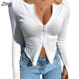 Women Front Zipper Ribbed Crop Top Autumn Solid Color Zip Long Sleeve V Neck Tight Knitwear T Shirts
