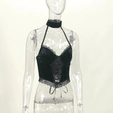 Dark Lace Lace Suede Sling Neck Top 2023 Winter Sexy