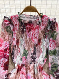 Vintage Women Floral Chiffon Midi Dress Elegant Ruffle Stand Collar Lantern Long Sleeve High Waist Big Swing Draped