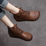 Time 138] National Wind Leather Hand-Woven Flat Bottom Short Boots Cow Skin Boots Soft Bottom Women's Cotton