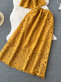 Women Hollow Out Two Piece Set Vintage Turn-Down Collar Short Sleeve Tops + High Waist Long Skirt 2Pcs Suit New