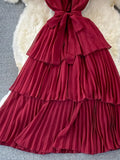 Women Purple/Pink/Green Draped Dress Vintage Ruffle Stand Collar Sleeveless High Waist Party Pleated Vestidos Female