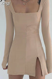Elegant Square Neck Ribbed Black Dress Female Knitted Side Split Bodycon Dress Long Sleeve Fashion Mini Dresses