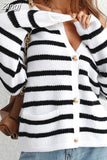 Women's Knitted Cardigan with Buttons Up Slim Short Soft Casual Coat V Neck Balck Striped Print Warm Cardigan Female
